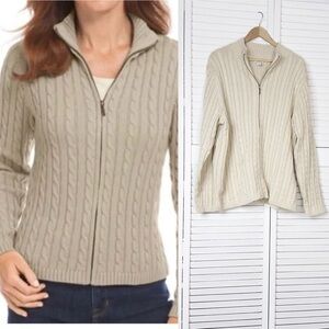L.L. Bean Cream Cable Knit Full-Zip Cardigan Sweater